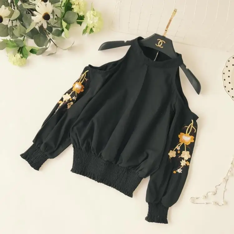 

Spring New Shoulderless Embroidered Long Lantern Sleeve Loose Thin High Waist Short Crop Tops Female Shirts E360