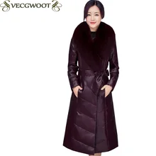 Зимний длинный кожаный пуховик женский длинный рукав модный тонкий плюс размер куртка Женский меховой воротник теплый пуховик X1302