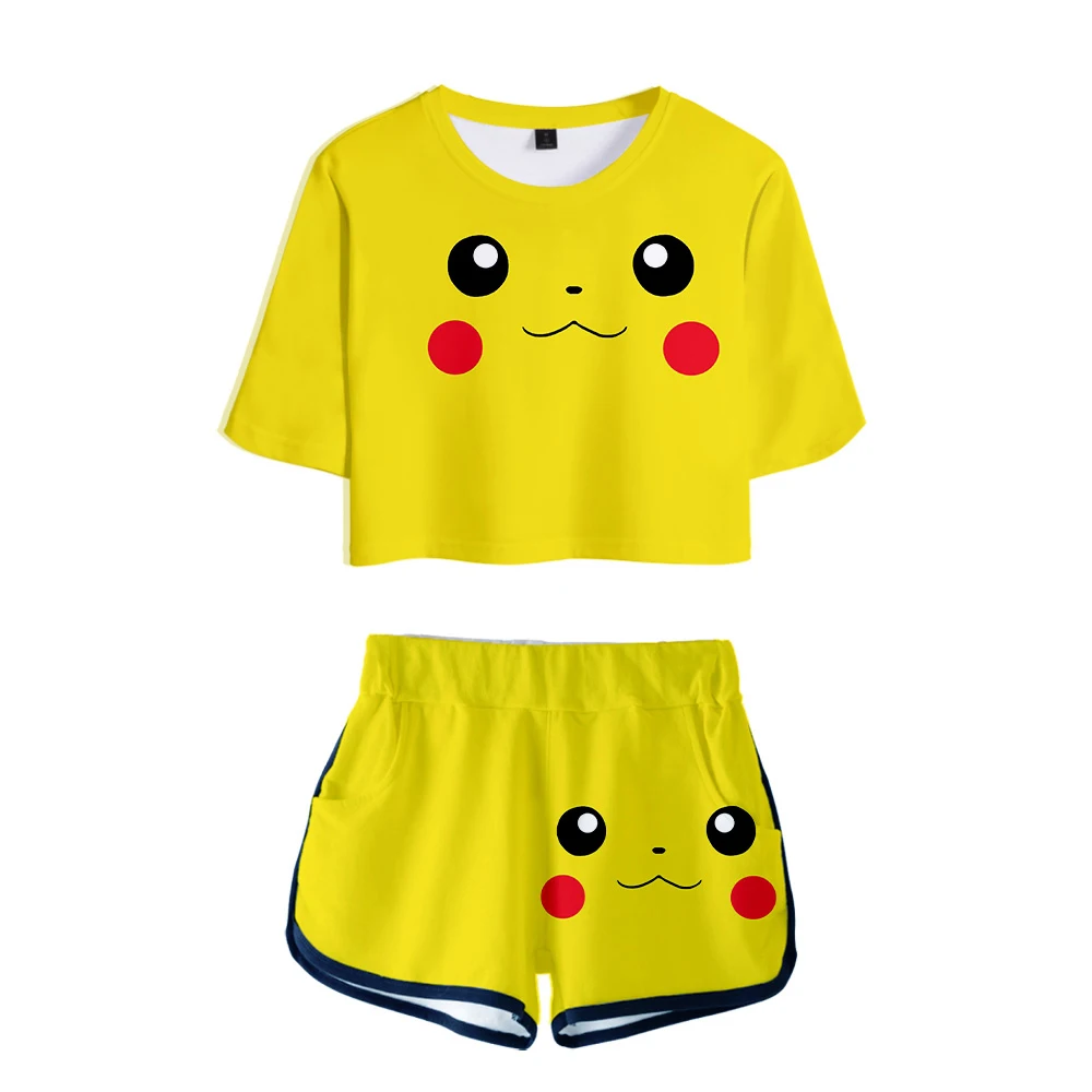 

Pokemon Detective Pikachu Printed Women two piece set New game Oversize Navel short sleeve and Short Pants O-neck Summer Set