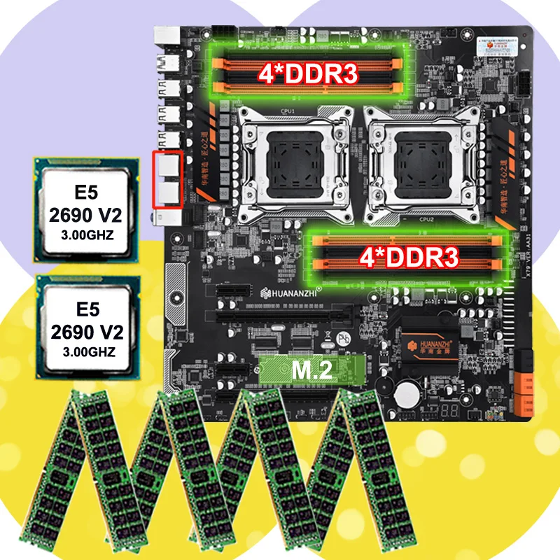 Скидка материнская плата комплект HUANANZHI dual X79 материнская плата с 8 DDR3 DIMMs dual cpu Xeon E5 2690 V2 ram 128G(8*16G) 1866 RECC