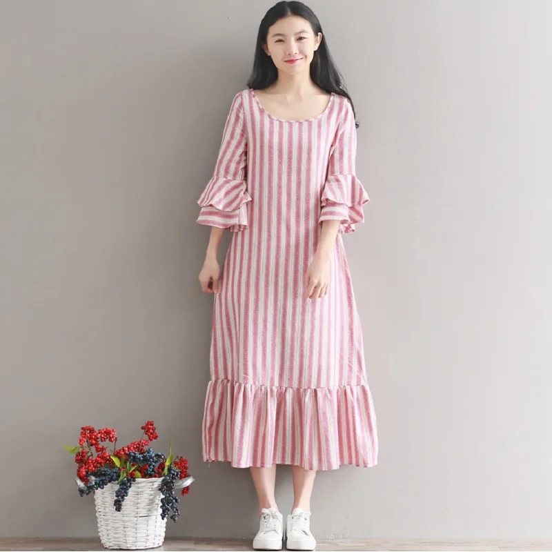 

Vestidos Mujer 2019 Spring Summer Dress Three Quarter Sleeve Cotton Linen Mori Girl Dress Stripe Vintage Ruffles Long Dress