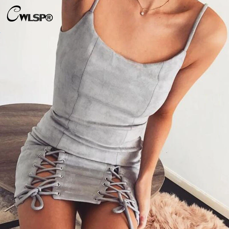 

CWLSP 2017 Autumn Winter Sheath Lace Up Suede Dress for Women Sexy Bandage Ladies Mini Dress Backless Patchwork Vestidos QZ2314