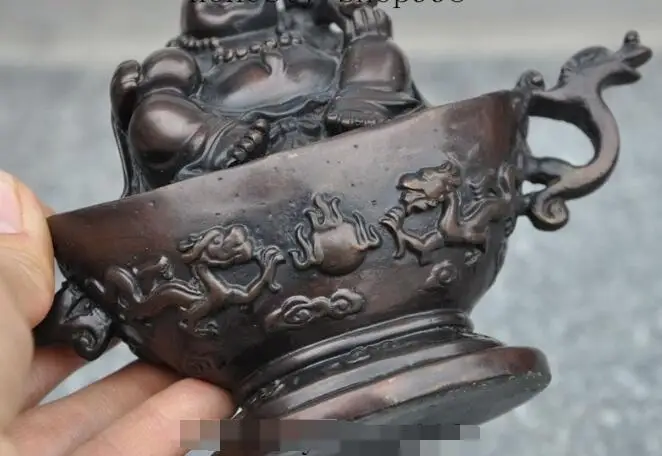 

S0869 6" chinese bronze dragon wealth yuanbao ruyi happy laugh Maitreya Buddha statue