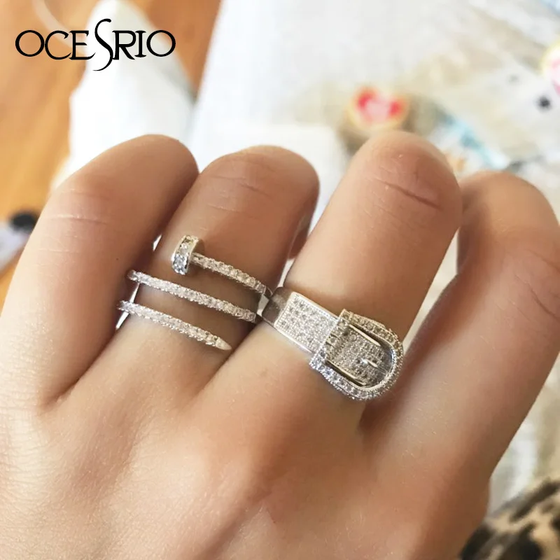 

OCESRIO Gold Fashion Nail Ring for Woman Cubic Zirconia Belt Buckle Nail Open Multi Circle Twist Ring 925 Silver Jewelry rig-f53