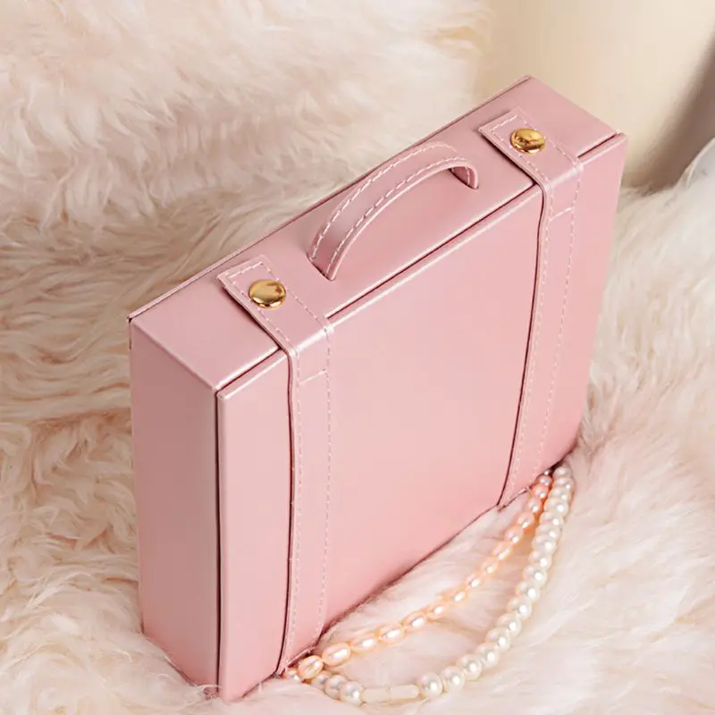 Sweet Pink Jewelry Box Portable Leather Earring Ring Jewelry Storage Travel Case