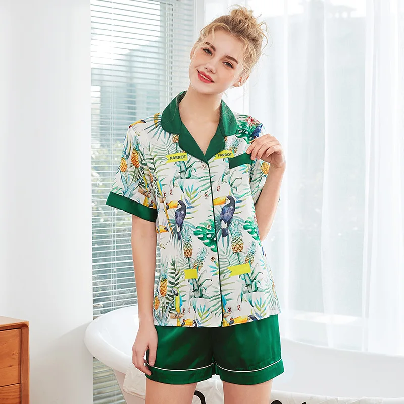 

High-end Print Birds Fruits Short Sleeve Silk Pajamas Set Two Pieces Set Women Sleepwear Sexy Nightwear Women Pijama Shorts