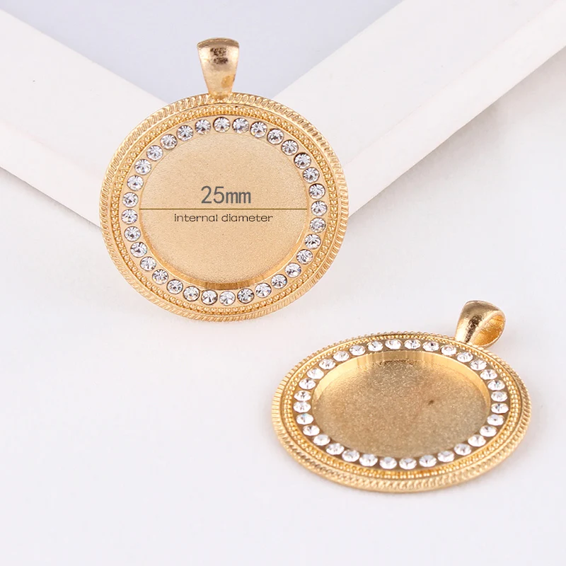 

Fit 25mm Round Champagne Gold Pendants Crystal Rhinestone Setting Cabochon Cameo Base Tray Bezel Blank DIY Jewelry Finding