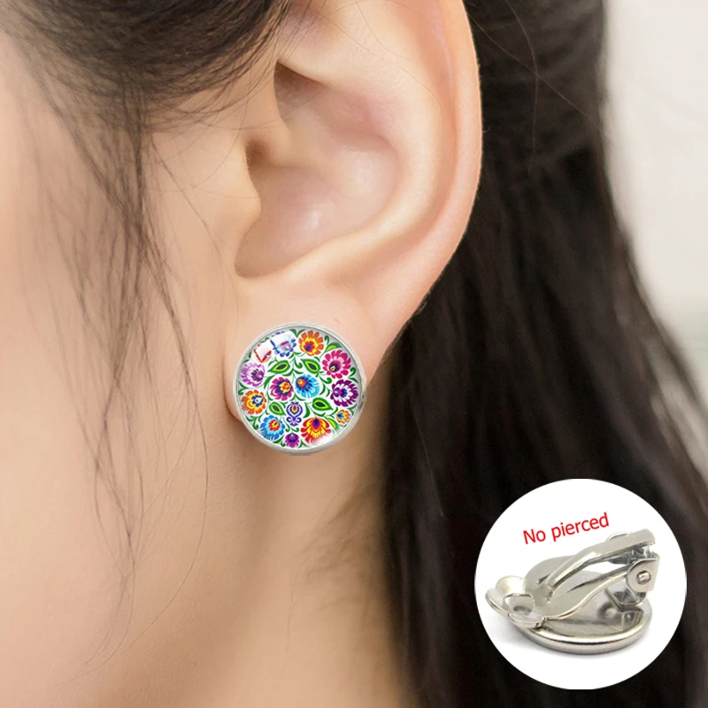 

2019 New Fashion Polish Folk Round Patterns Glass Clip Earrings Round Glass Dome Bohemian Style Earring Gifts for Women Girls