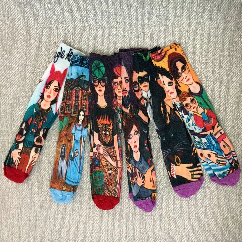 

New Spring 6 Colors Fashion High Stockings 2019 Women Colorful Cartoon Glistening Girls Portrait Long Stockings Female Stockings