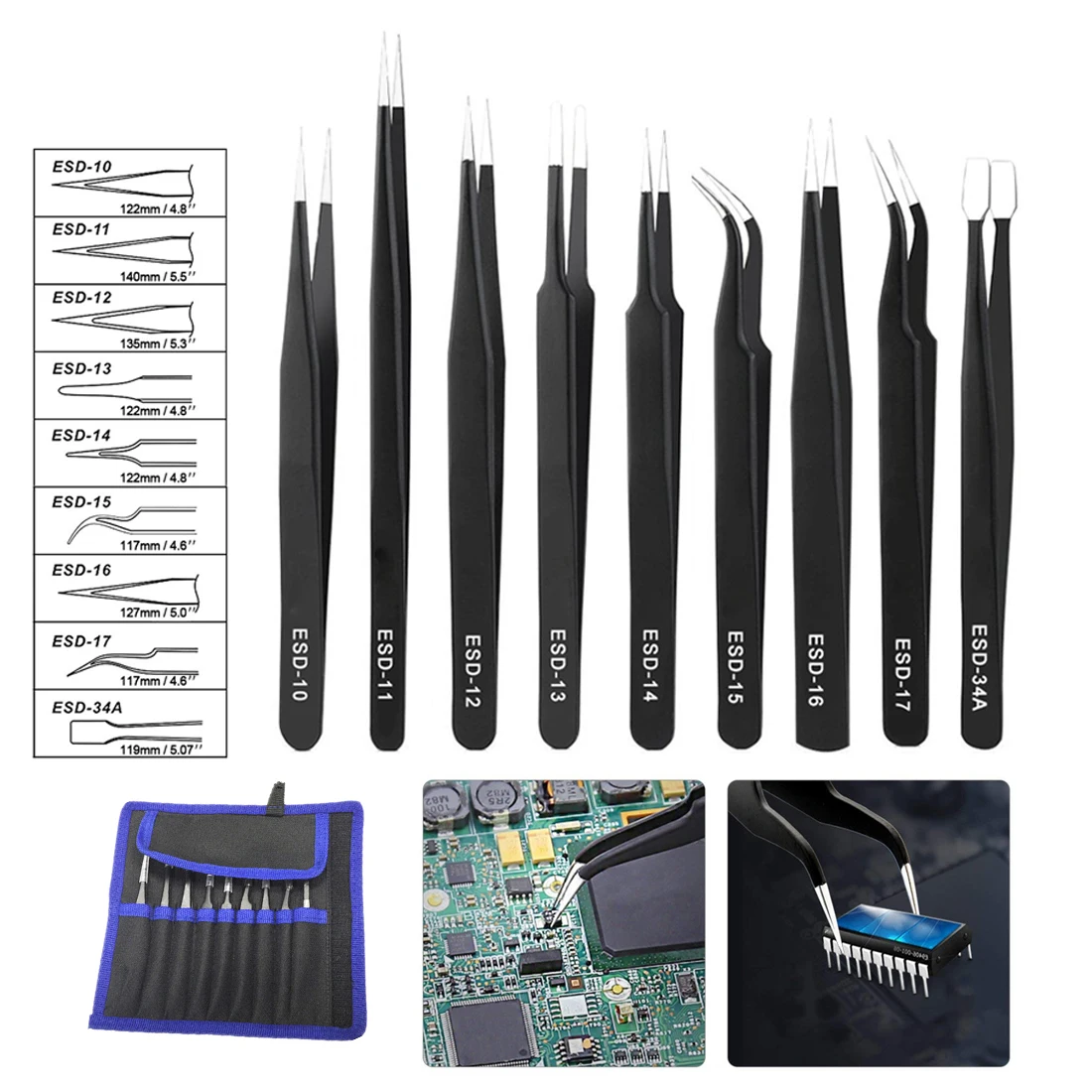 

9 piece Steel Teezer Skit Set Stainless Steel Precision Black Tweezers Anti-Magnetic for Jewellery Electronic Component