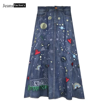 

Vintage Harajuku Cartoon Embroidered Denim Long Skirt Female Fashion Casual Korean Style A-line Washed Jeans Midi Skirt Women