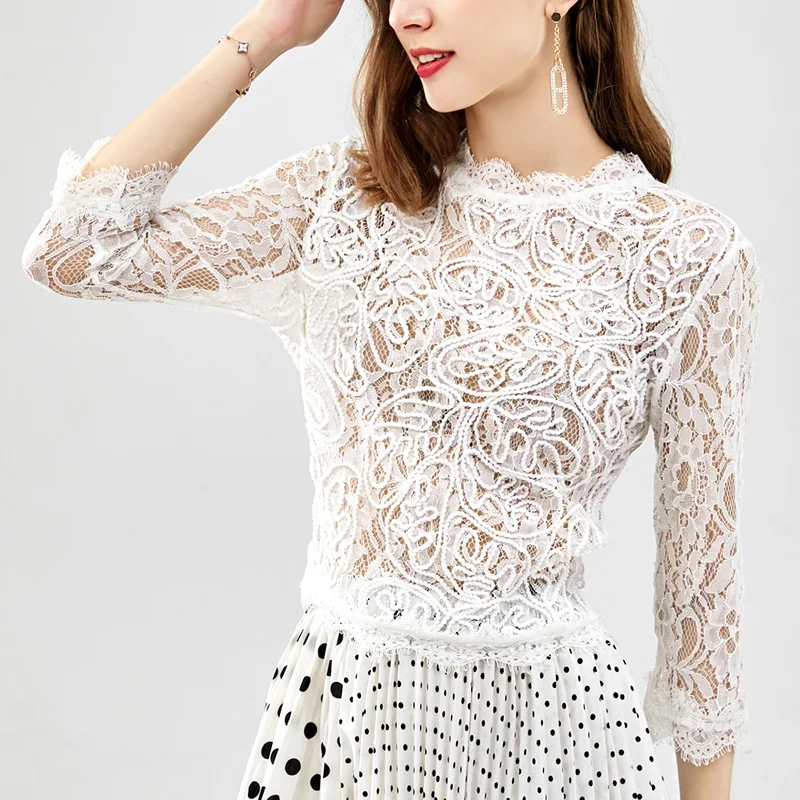 

Summer New Fashion Lace Shirts Sexy Hollow Out Three Quarter Sleeve Tops for Women Solid Color Black White Elegant Ladies Wear