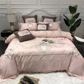 

Luxury 60S Egyptian cotton Flowers Embroidery Europe Palace Style Pink Girl Bedding sets Duvet Cover Bed Sheet/Linen Pillowcases