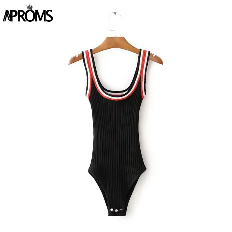 Aproms Colorful Striped Knitted Bodysuits Women Casual Sleeveless Slim Bodycon Rompers Streetwear Jumpsuit Overalls Knitting Top