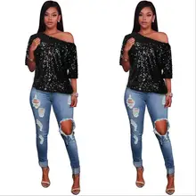 Новинка, летняя Свободная Повседневная модная футболка с коротким рукавом и блестками, Женская S-2XL