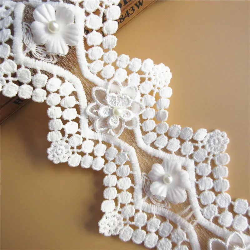 3 Yard Cotton Flower Pearl Embroidered Lace Edge Trim Ribbon Applique