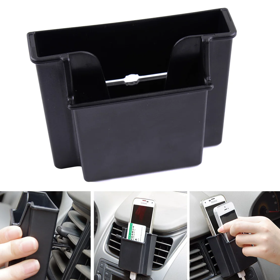 

DWCX Car Black ABS POM Multifunction Double Layer Accessories Wind Cell Phone Holder Storage Box For VW Golf Audi Honda Hyundai