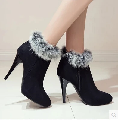 

2016 winter Korean version of the influx of high-heeled Martin boots women with fine pointed side zipper boots rabbit fur boots