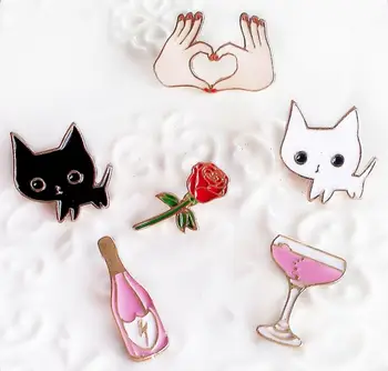 

Timlee X127 Cartoon Cat Kitty Cocktail Wine Rose Flower Hand Cute Metal Brooch Pins Button Pins Gift Wholesale