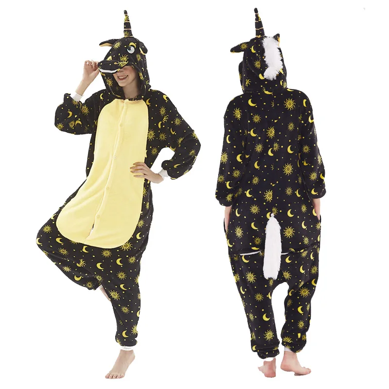 Adult Unisex Pajamas sets Cartoon flannel pijama Winter animal ladies pajamas Kigurumi warm hoode female sleepwear women pajamas - Цвет: sun and moon unicorn