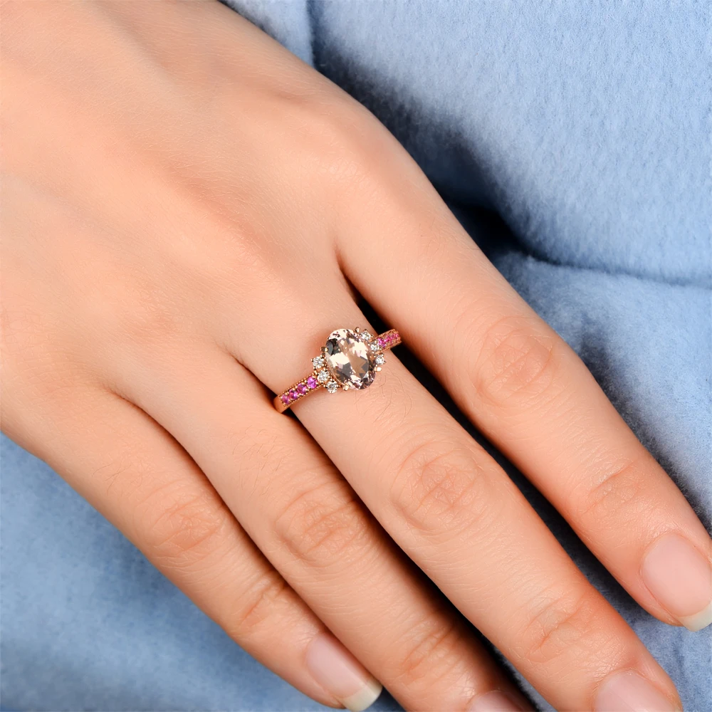 CaiMao 18KT/750 Rose Gold 1.78 ct Natural Morganite 0.12ct Round Cut Diamond 0.17ct Pink Sapphire Engagement Ring Jewelry