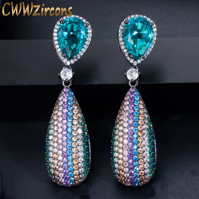 CWWZircons Micro Pave кубический цирконий камень длинные висячие капли радуга цвет обручение серьги на свадебную вечеринку для женщин CZ567