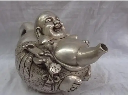 

decoration copper silver factory outlets 9" Chinese Silver RuYi Happy Laugh Maitreya Buddha Statue Brass Wine Pot Teapot