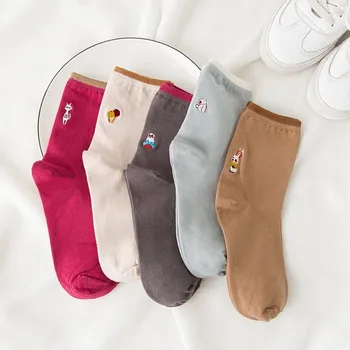 

PEONFLY Cartoon Embroidery Product funny novelty happy cat cute socks colorful women kawaii hosiery Autumn 5PAIRS/LOT