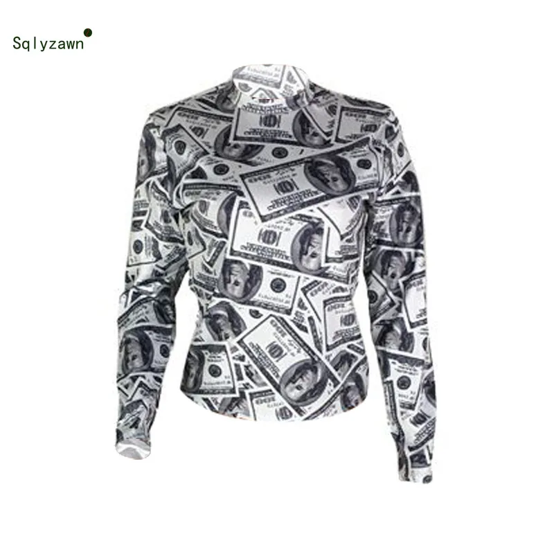 Пикантные 3D печати доллар футболка Новинка года Для женщин модная одежда с длинными рукавами деньги футболки Повседневное с высокой горловиной Топы для женщин уличные футболки