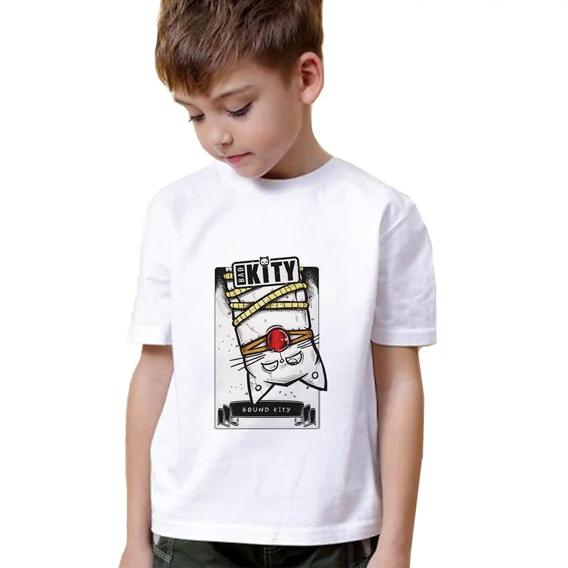 

Funnt Cat Children Printed Cotton Round Collar Short Sleeve T-Shirt Art Design Soft White Short Sleeves A194112