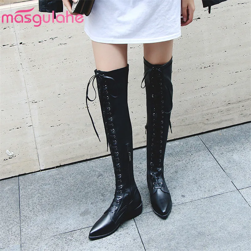 

Masgulahe 2019 new arrival genuine leather over the knee boots women pointed toe lace up sexy Stretch boots woman party shoe