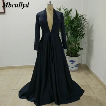 

Mbcullyd Deep V-neck Mother Of The Bride Dresses 2019 Long Sleeves Dubai Arabic Prom Dress Navy Blue Applique Lace Pageant Gowns