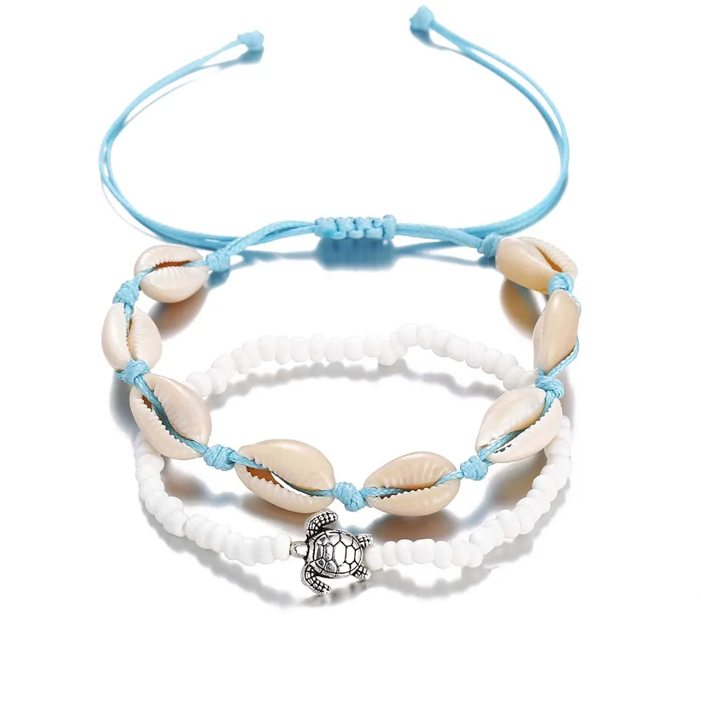 

Women Ankle Bracelet Set Beaded Turtle Shell Charms Boho Leg Bracelets Foot Jewelry Anklet Rope Blue White Summer Beach MB004