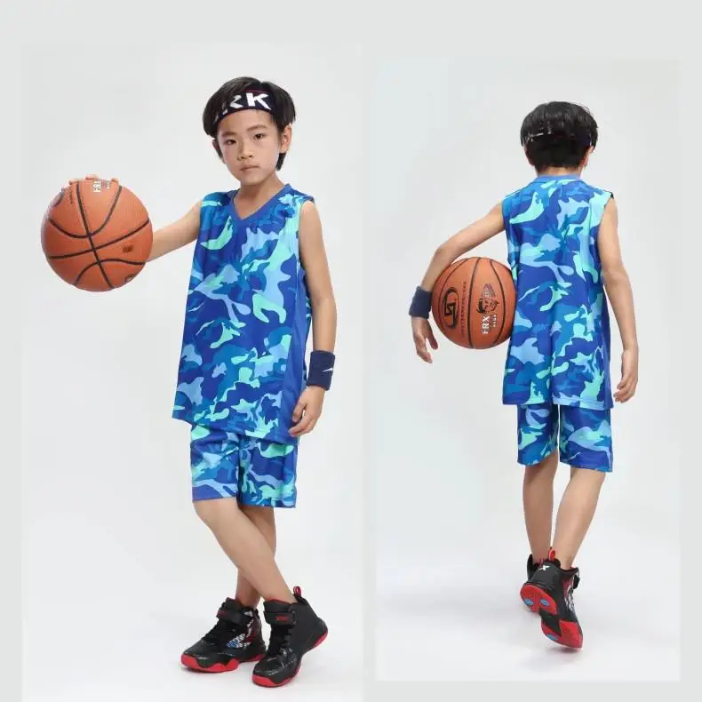 Junior костюмы баскетбольные пользовательские Камуфляж детская трикотаж Колледж студент конкурентоспособная без рукавов жилет команда спортивная одежда - Цвет: Синий