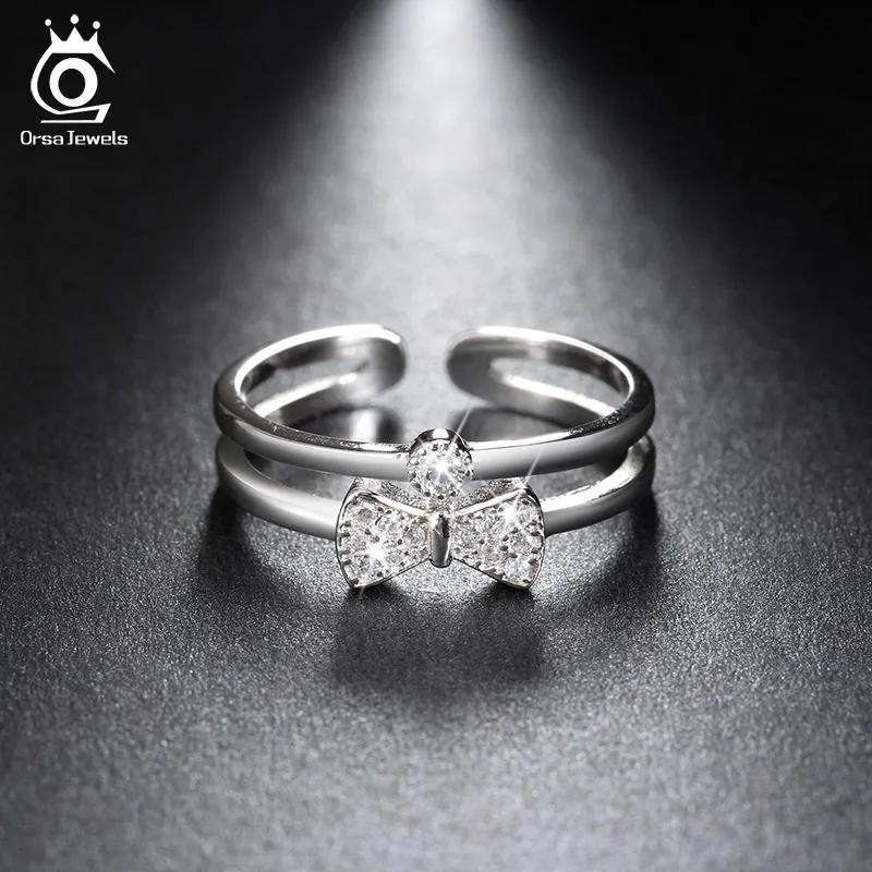 ORSA JEWELS Luxury Cubic Zircon Bow Design Sterling Silver 925 resliable Rings Finger Fashion CZ Women Jewelry Adjustable SR17