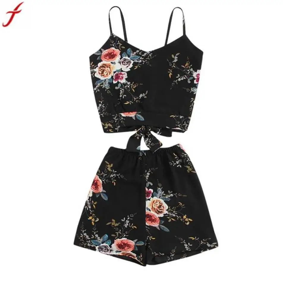 

summer outfits for women 2019 Fashion Sleeveless Floral Print Crop Bandage Cami Top With Shorts 2 Pieces Set Clothes conjunto