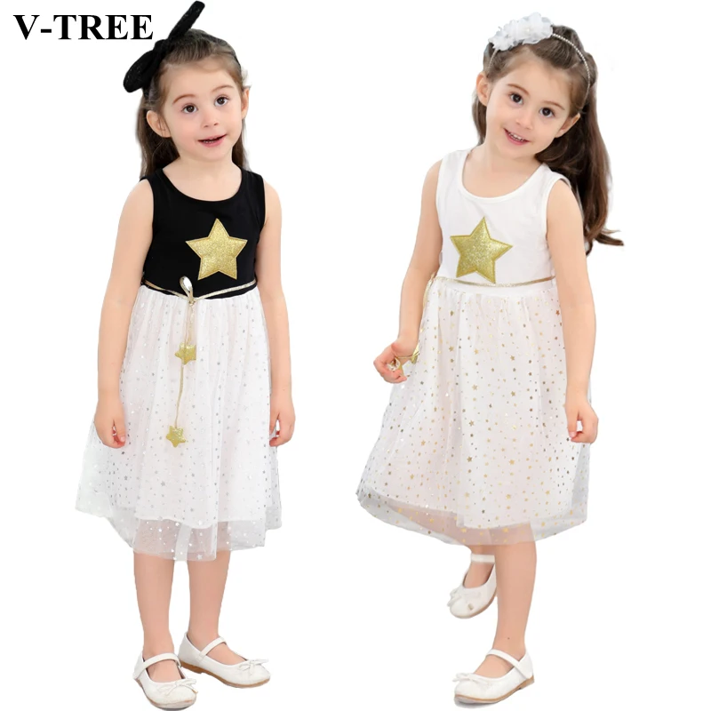 V TREE Gauze Girls Party Dress Summer Star Sleeveless Princess Dresses