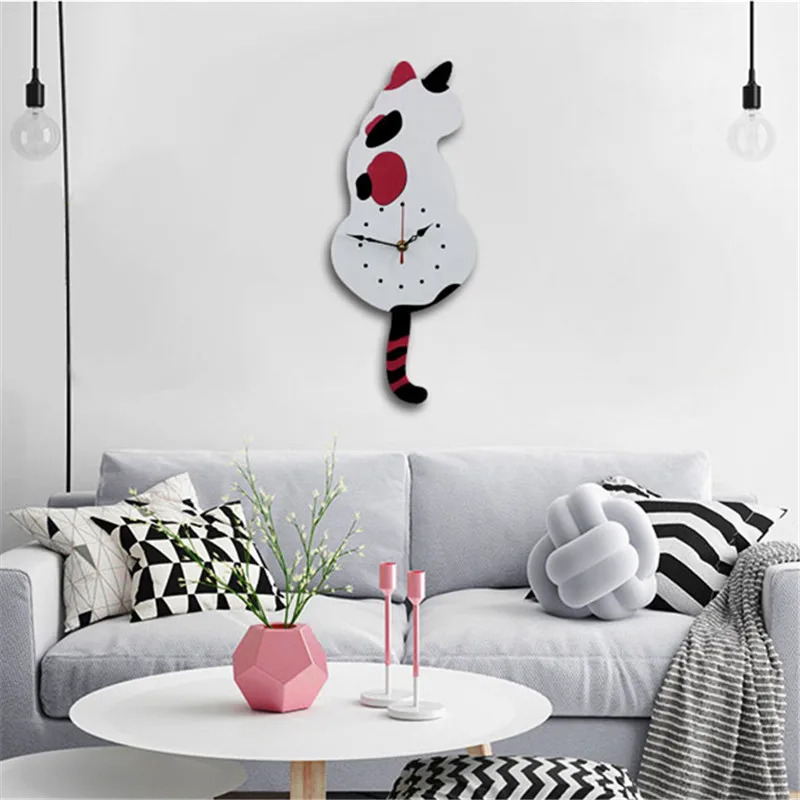Reloj de pared creativo lindo Blanco/negro con cola de gato para Relojes de pared decorativos para el hogar 2017ing Reloj de pared creativo lindo Blanco/negro con cola de gato para Relojes de pared decorativos para el hogar 2017ing