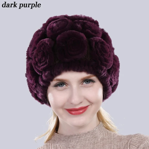 Новая Женская эластичная шапка с цветами, настоящий мех кролика, зимняя вязаная Цветочная шапка из натурального меха, женские пушистые шапки из натурального меха - Цвет: dark purple