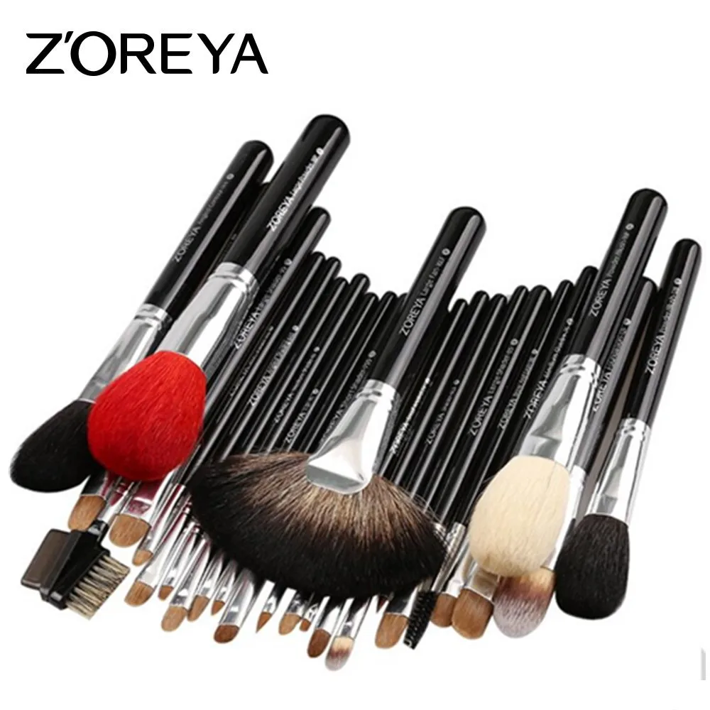 ZOREYA 26 шт., набор профессиональных кистей для макияжа, роскошные натуральные козьи волосы, веер, косметический набор кистей для макияжа, красивые кисти для теней - Handle Color: Black
