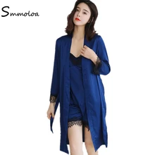 Smmoloa Женская шелковая пижама комплект из 3 предметов кружевной халат наборы атласная ночная рубашка Новинка