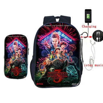 

Hot Sale 2 Pcs/set Stranger Things 3 Backpack for Teenagers Boys Girls School Bags Cool USB Charging Travel Shouler Backpack