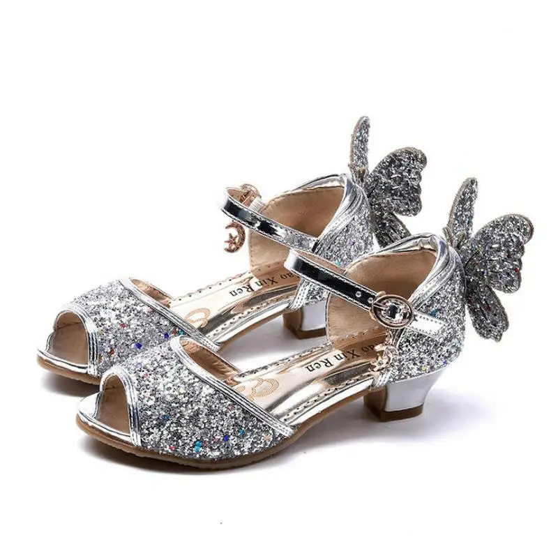 Сандалии для девочек; Новая модная летняя обувь принцессы для девочек; обувь с блестящим бантом и кристаллами; Высококачественная детская обувь на высоком каблуке; Размеры 26-37 - Цвет: photo color