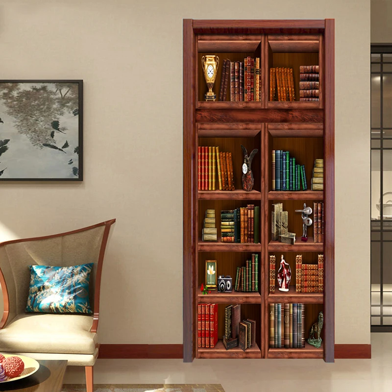 PVC Self Adhesive Waterproof Bookshelf Mural Wallpaper 3D Chinese Style Doors Renovation Sticker Living Room Study 3D Door Mural