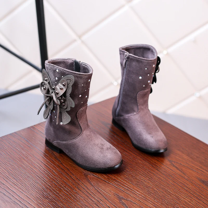 

Sialia Girls Boots For Kids Winter Autumn Shoes Children Boots Mid-Calf Zip Flock Butterfly-knot Flat with Kids botas ninas 2018