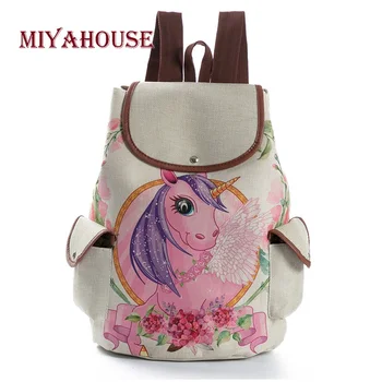 

Miyahouse Fashion Cartoon Unicorn Printed Linen Backpacks Female Drawstring Design School Bags For Teenage Girls Travel Rucksack