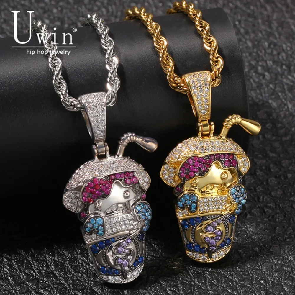 

UWIN Drink Cup With Straw Cz Pendant Cartoon Face Colorful Full Iced Out Bling Copper Necklace Chain Fashion Hiphop Jewelry