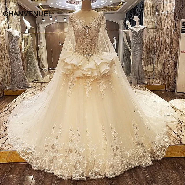 LS03677 luxury wedding dresses long trains long cape lace ball gown