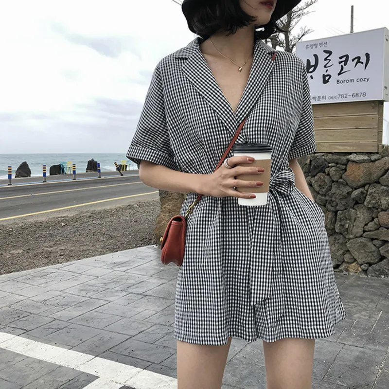 

2019 Summer New Retro Style Simple Fashion Shorts Suit Collar Plaid Casual Jumpsuit Plus Size Bandage Jumpsuit