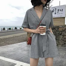 2019 Summer New Retro Style Simple Fashion Shorts Suit Collar Plaid Casual Jumpsuit Plus Size Bandage Jumpsuit 2019 Summer New Retro Style Simple Fashion Shorts Suit Collar Plaid Casual Jumpsuit Plus Size Bandage Jumpsuit